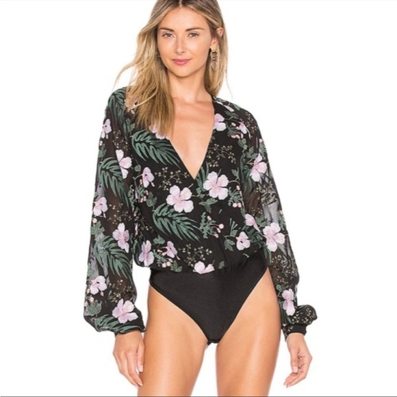 Lovers + Friends Revolve Bodysuit Plunge Neck Sheer Sleeves Embroidered S boho - Picture 1 of 16
